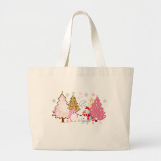 Grand Tote Bag Arbres de Noël roses, pingouin joueur et bonhomme
