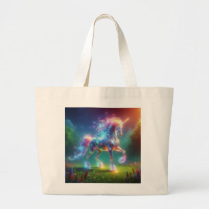 Grand Tote Bag Art de licorne néon – Arc-en-ciel de cheval de fan