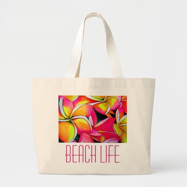 Grand Tote Bag Art de plage de frangipanier plumeria néon rose (Devant)