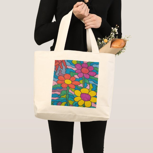Grand Tote Bag Art Fleur Hippie Rétro (Devant (produit))