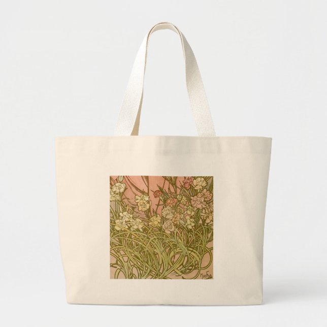 Grand Tote Bag Art Nouveau Alfonse Mucha fleurs d'oeillets floral (Devant)