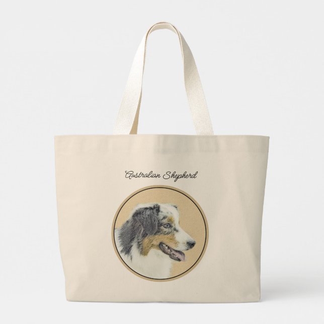 Grand Tote Bag Australian Shepherd Black Tri Peinture Dog Art (Dos)