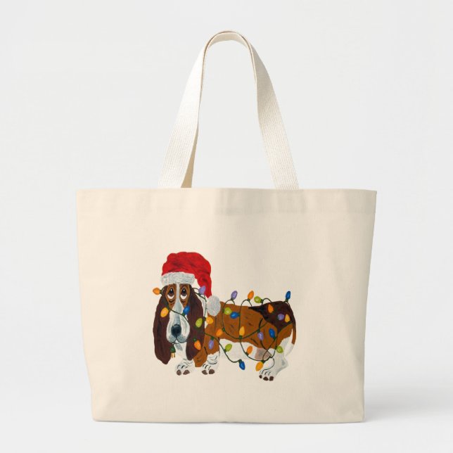 Grand Tote Bag Basset embrouillé dans des lumières de Noël (Devant)