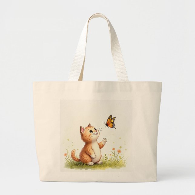 Grand Tote Bag Bébé chat et papillon (Devant)