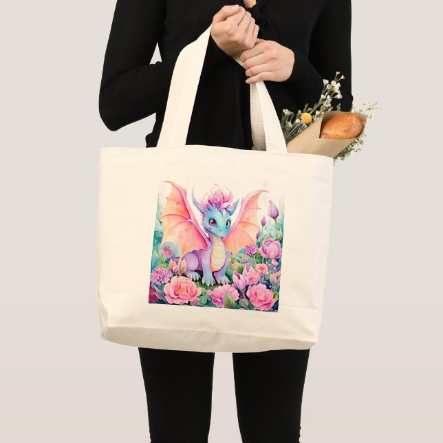 Grand Tote Bag Bébé Dragon Ailes & Fleurs (Devant (produit))