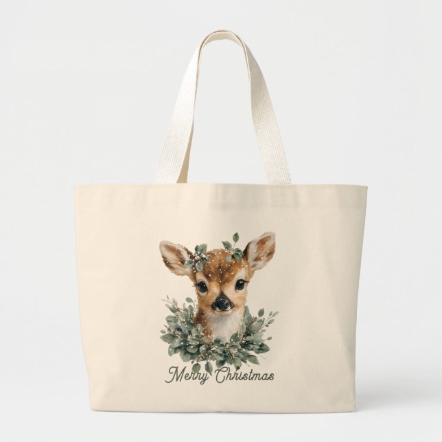 Grand Tote Bag Bébé mignon Cerf Joyeux Noël - Aquarelle Fawn (Devant)