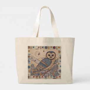 Grand Tote Bag Belle Chouette Bleue et Papillon sous la Lune