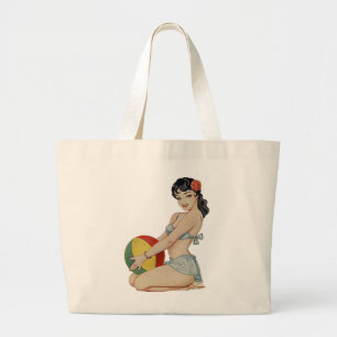 Grand Tote Bag Belle de plage - fille Pin- vintage