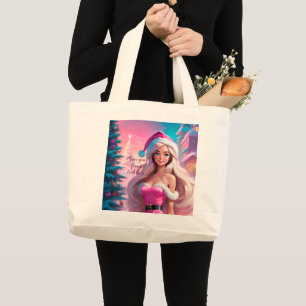 Grand Tote Bag Belle fille de Noël rose 01