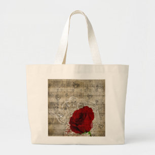Grand Tote Bag Belle rose rouge notes piano tourbillonné