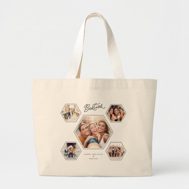 Grand Tote Bag Besties 5 Photo Custom Collage Script Best Friends (Devant)