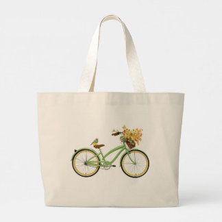 Grand Tote Bag Bicycle With Bird and Flower Basket Green Yellow
