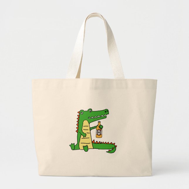 Grand Tote Bag Bière potable d'alligator drôle mignon (Devant)