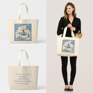 Grand Tote Bag Bleu Delft Windmill Carrelage floral devis frontiè