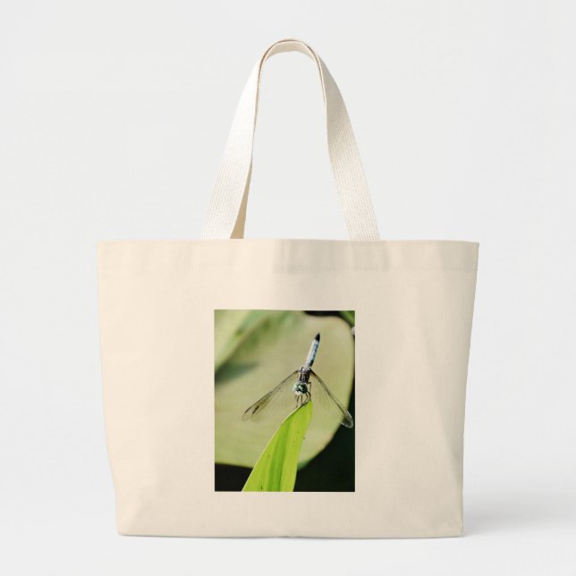Grand Tote Bag Bleu libellule sur une feuille verte (Devant)