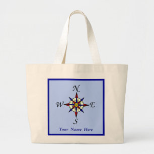 Grand Tote Bag Bleu personnalisé de rose de boussole