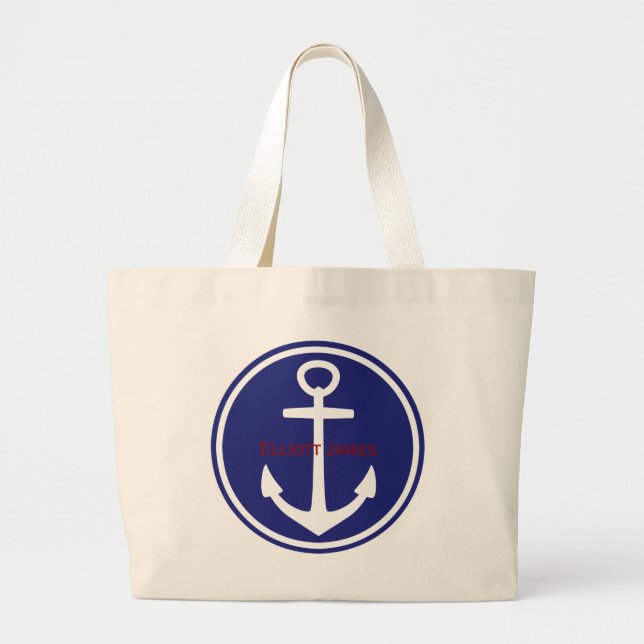 Grand Tote Bag Bleu rouge Ancre marine Personnalisée (Devant)