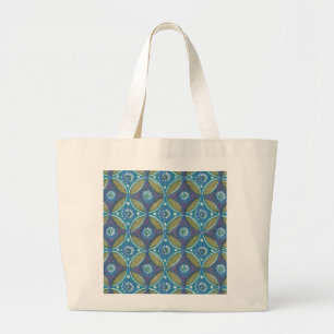 Grand Tote Bag Bleu vert Rustique Boho Motif circulaire géométriq