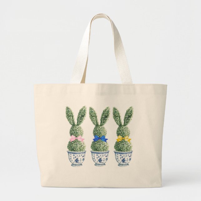 Grand Tote Bag Blue and White Chinoiserie With Rabbit Topiaries (Devant)