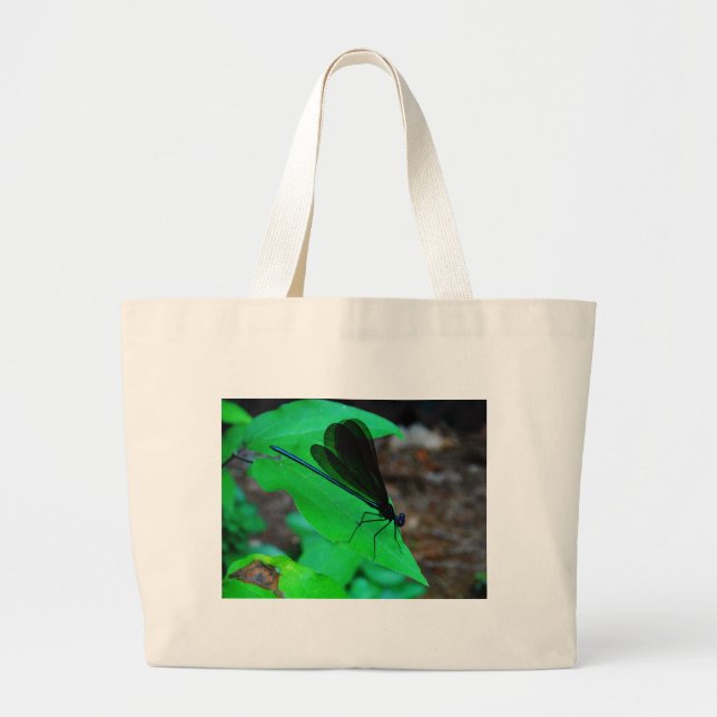 Grand Tote Bag Blue Damselfly on a green leaf. (Devant)