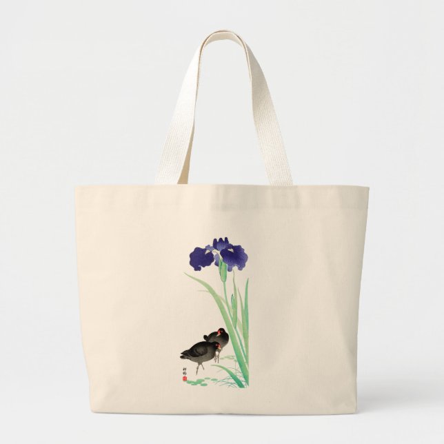Grand Tote Bag Blue Irises and Moorhens par Ohara Koson (Devant)