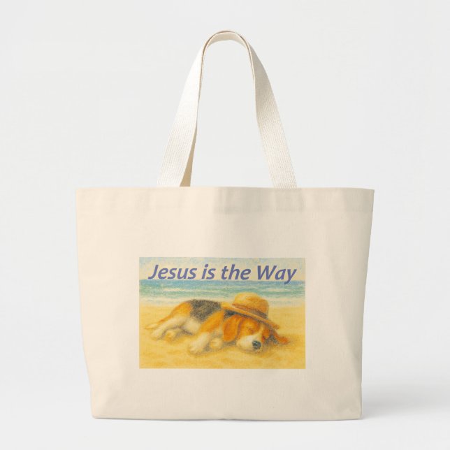 Grand Tote Bag Bolsa tela Beach with a Hat - "Jesus is the Way" (Devant)
