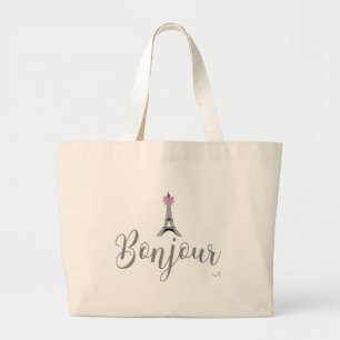 Grand Tote Bag Bonjour-Eiffel Tower Pink Bow