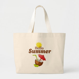 Grand Tote Bag Bonjour Été Soleil Jaune Noix de Coco Parapluie Ro