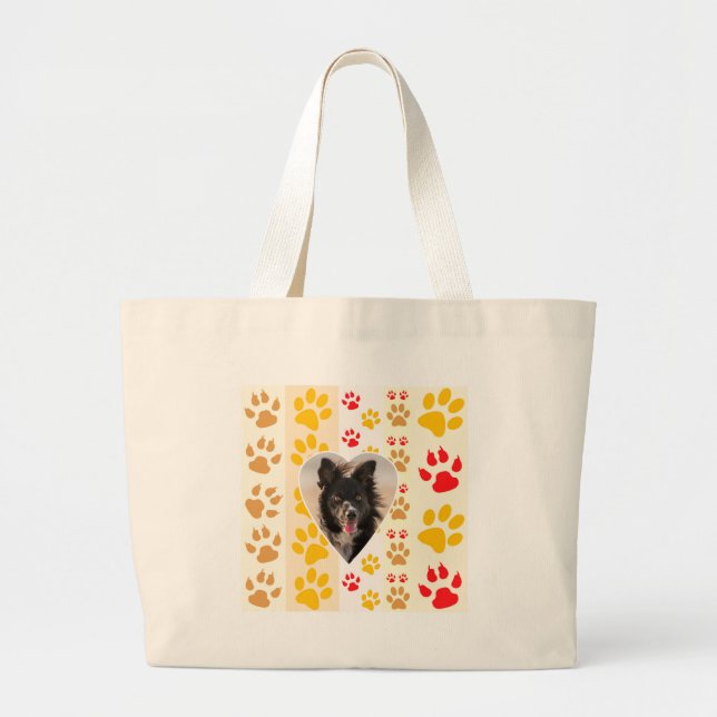 Grand Tote Bag Bordure Collie Empreinte de patte Amour Coeur (Devant)