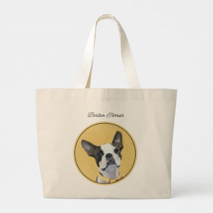 Grand Tote Bag Boston Terrier Peinture noir et blanc Chien Art