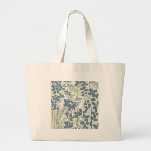 Grand Tote Bag Botanique Bleu Japonais Vintage : Fougère à Feuill