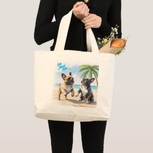 Grand Tote Bag Bouledogues français plage Bouledogue français