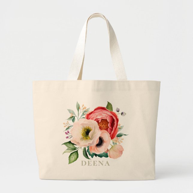 Grand Tote Bag Bouquet de fleurs bohème personnalisé (Devant)