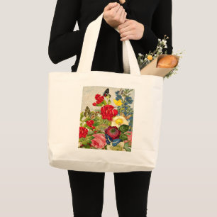 Grand Tote Bag Bouquet de fleurs vintage avec papillons