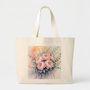 Grand Tote Bag "Bouquet de pivoines rose pâle au coucher du solei