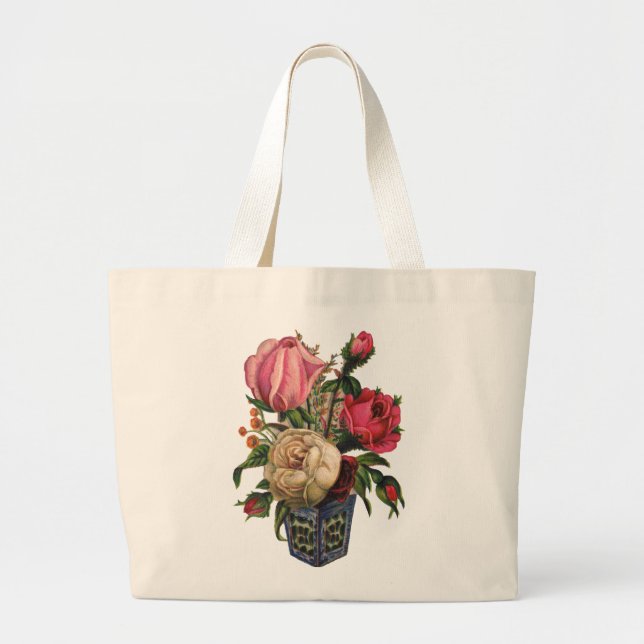 Grand Tote Bag Bouquet de roses à fleurs de style victorien rose (Devant)