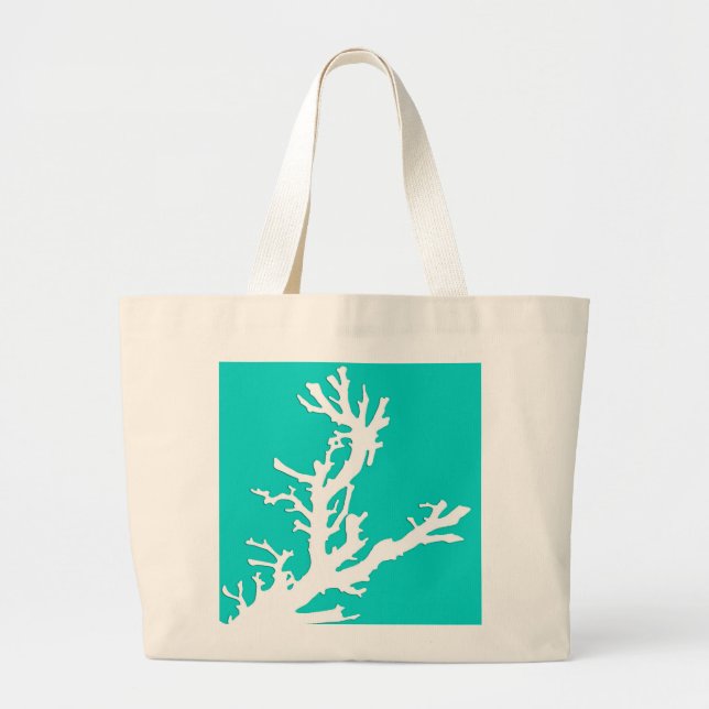 Grand Tote Bag Branche de corail - blanc sur turquoise (Devant)