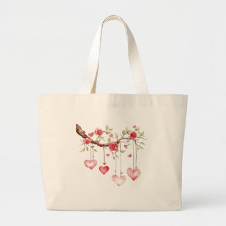 Grand Tote Bag Branche de roses roses à l'aquarelle avec coeurs s