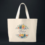 Grand Tote Bag Bridesmaid Spring Floral Mariage personnalisé<br><div class="desc">Ce design moderne présente une floraison printanière en joli corail,  jaune,  turquoise et bleu marine avec votre nom personnalisé avec "Bridesmaid" ci-dessous en typographie bleu marine. Personnalisez en modifiant le texte dans la zone de texte fournie.</div>