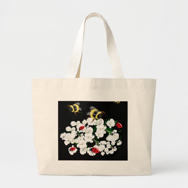 Grand Tote Bag Bureaux d'abeilles dramatiques et fleurs blanches  (Devant)