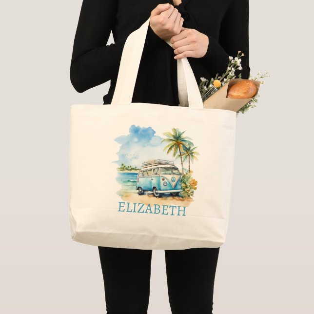 Grand Tote Bag Bus bleu rétro d'île tropicale  (Devant (produit))