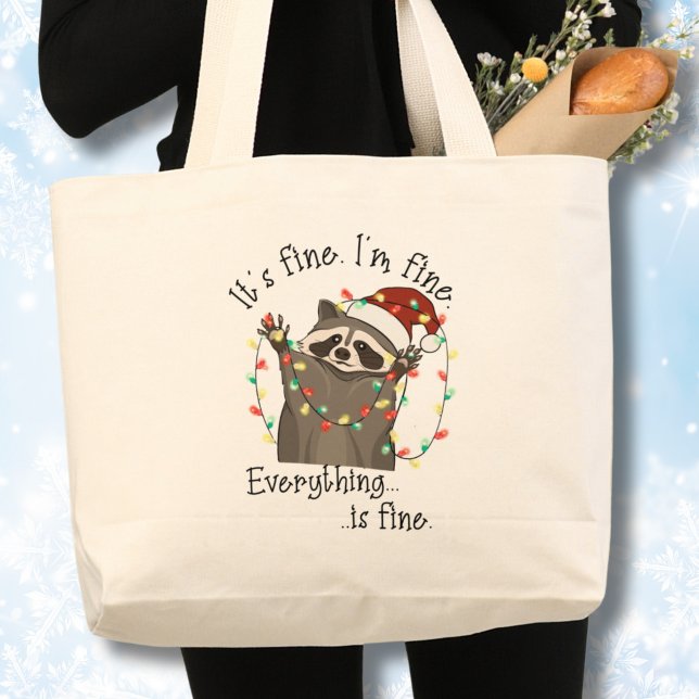 Grand Tote Bag Ça va, je vais bien, Noël drôle (Raccoon in trouble with Christmas lights, funny I'm fine,It's fine tote bag)