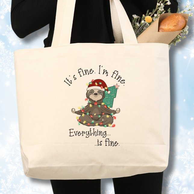 Grand Tote Bag Ça va, je vais bien, Noël drôle (Meditating sloth, Funny Christmas stress free tote bag)