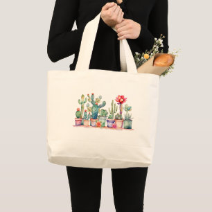 Grand Tote Bag Cactus Et Succulents En Pots Colorés