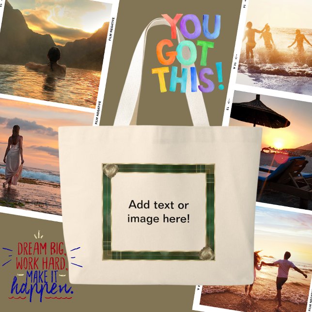 Grand Tote Bag Cadre Antique Vert Ajoutez Votre Citation Photo  (Green Antique Frame Add Your Photo Here Large Tote Bag)