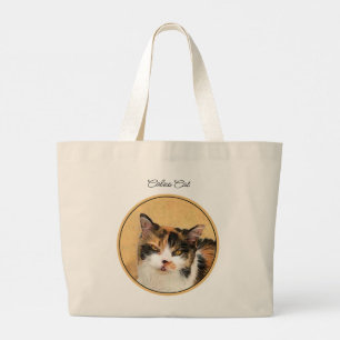 Grand Tote Bag Calico Cat Portrait Peinture Cute Art Original