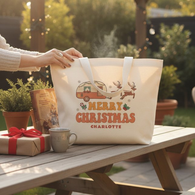 Grand Tote Bag Camping Joyeux renne de Noël Nom personnalisé (Créateur téléchargé)