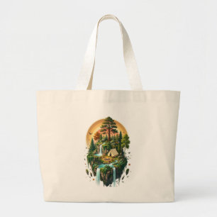 Grand Tote Bag Camping sur une île flottante fantastique Forêt