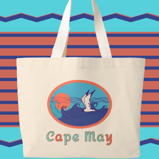 Grand Tote Bag Cape May NJ Seagull Ocean Waves and Sun (Créateur téléchargé)
