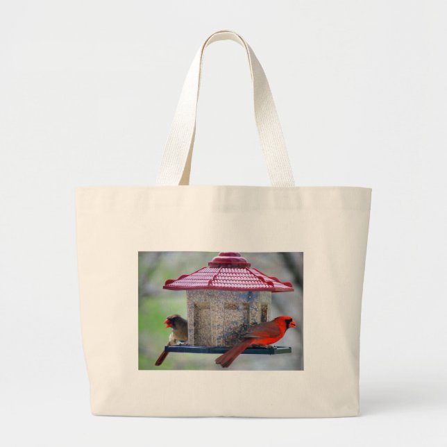 Grand Tote Bag Cardinal mâle et femelle mangeant un snack (Devant)